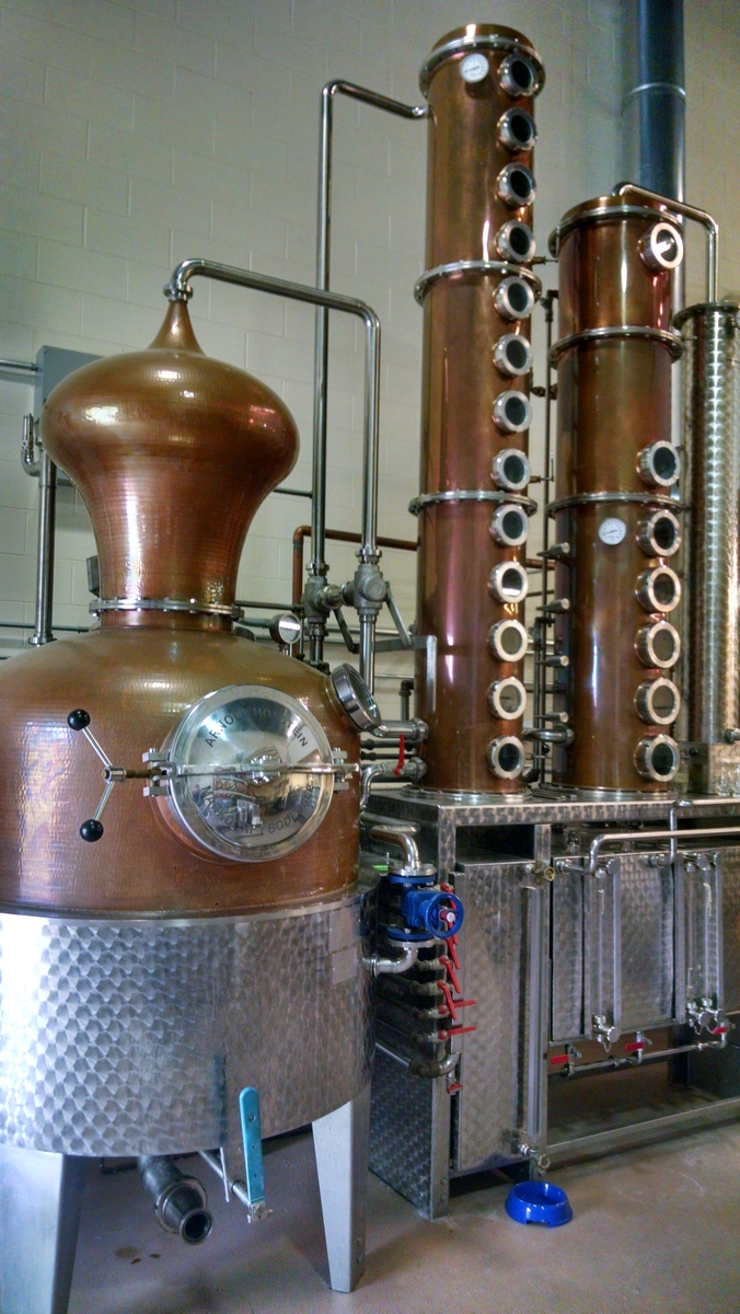 The pot still and column stills at Privateer Distillery, Ipswich