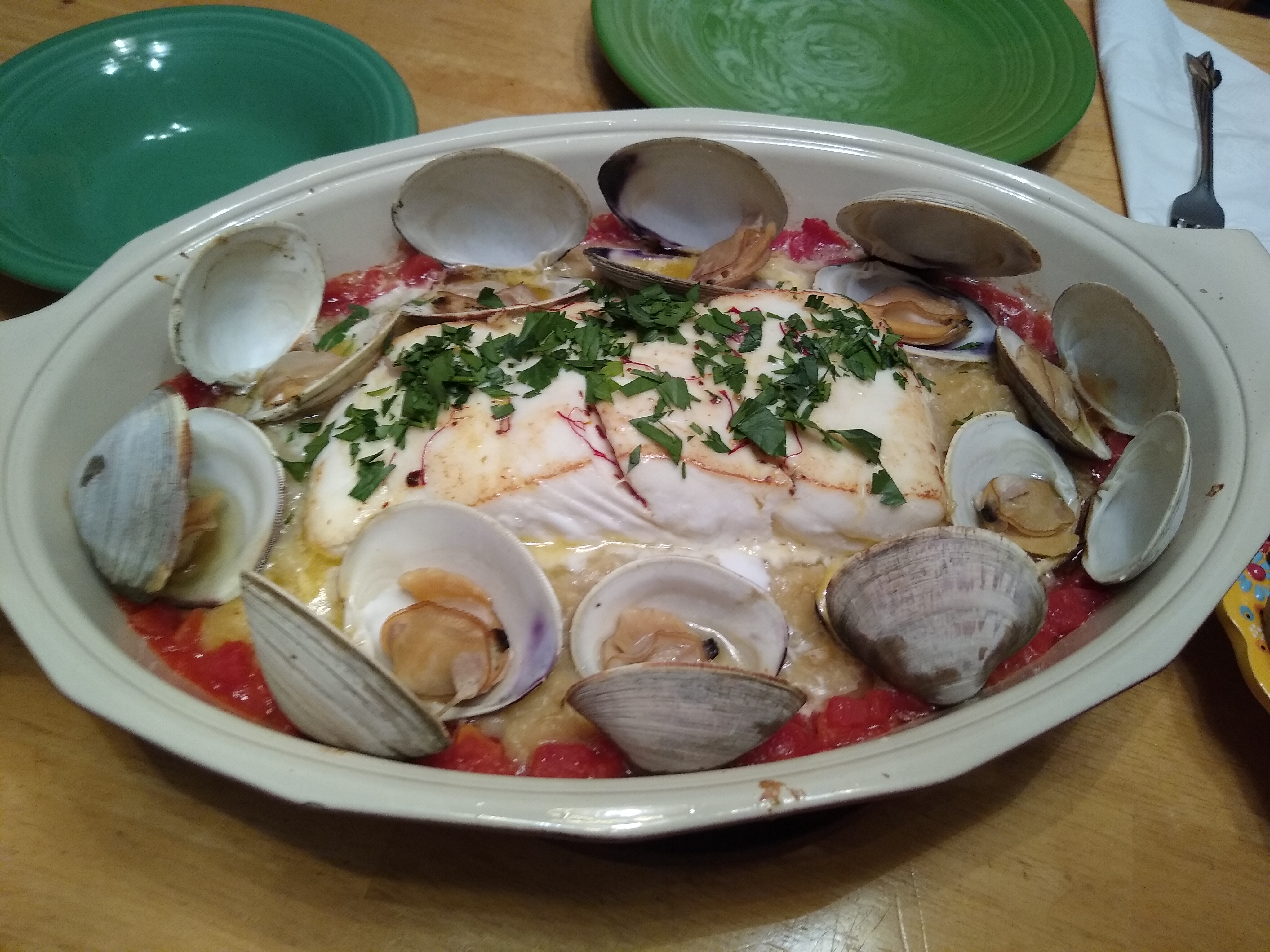 Halibut with Clams in a Saffron Sauce
