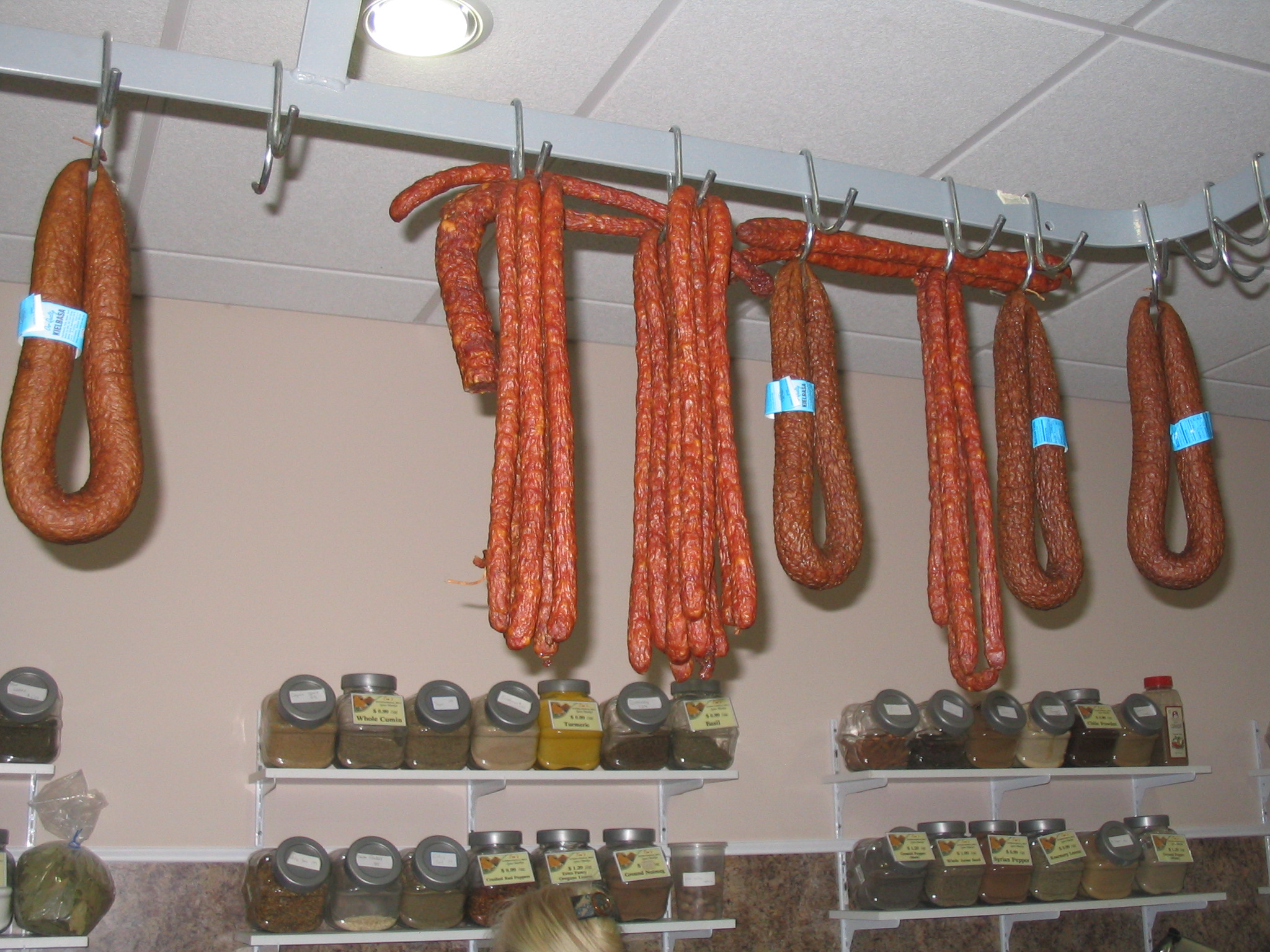 Hanging sausages at Tom's