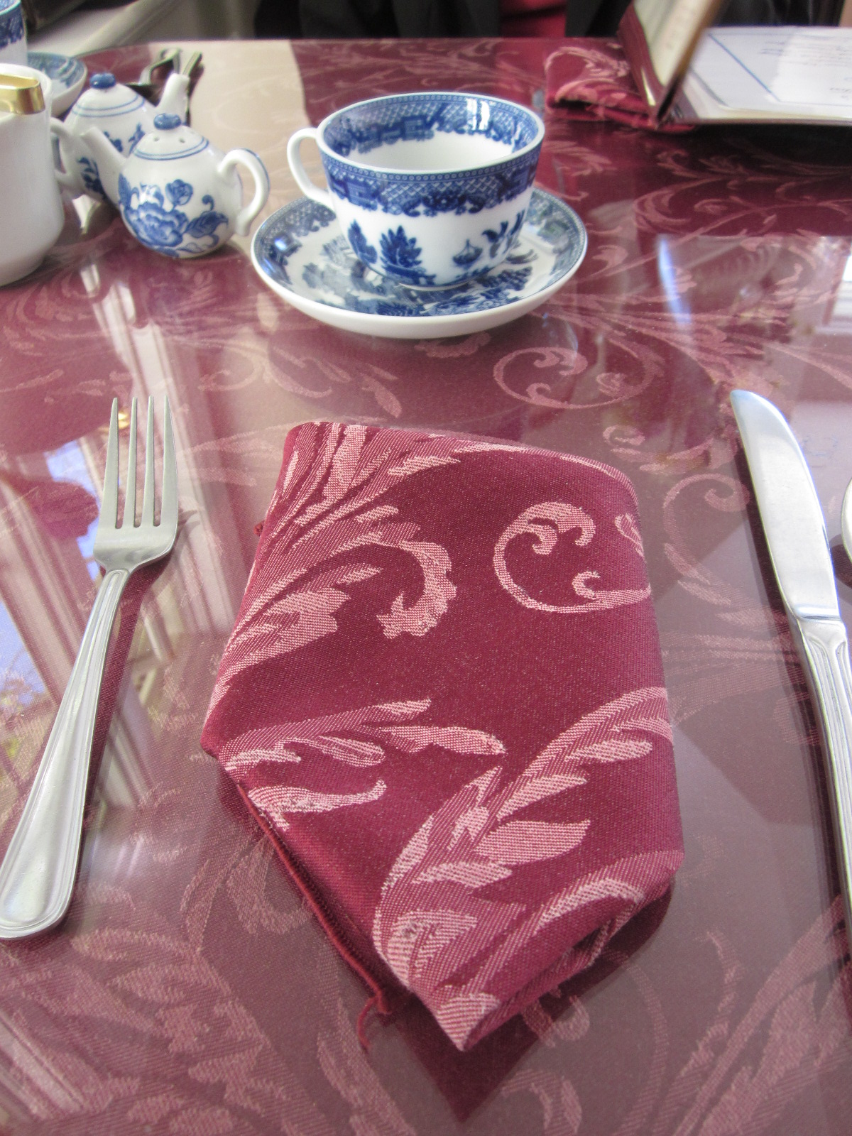Blue Willow and Burgundy Damask at the Dunbar Tear Room