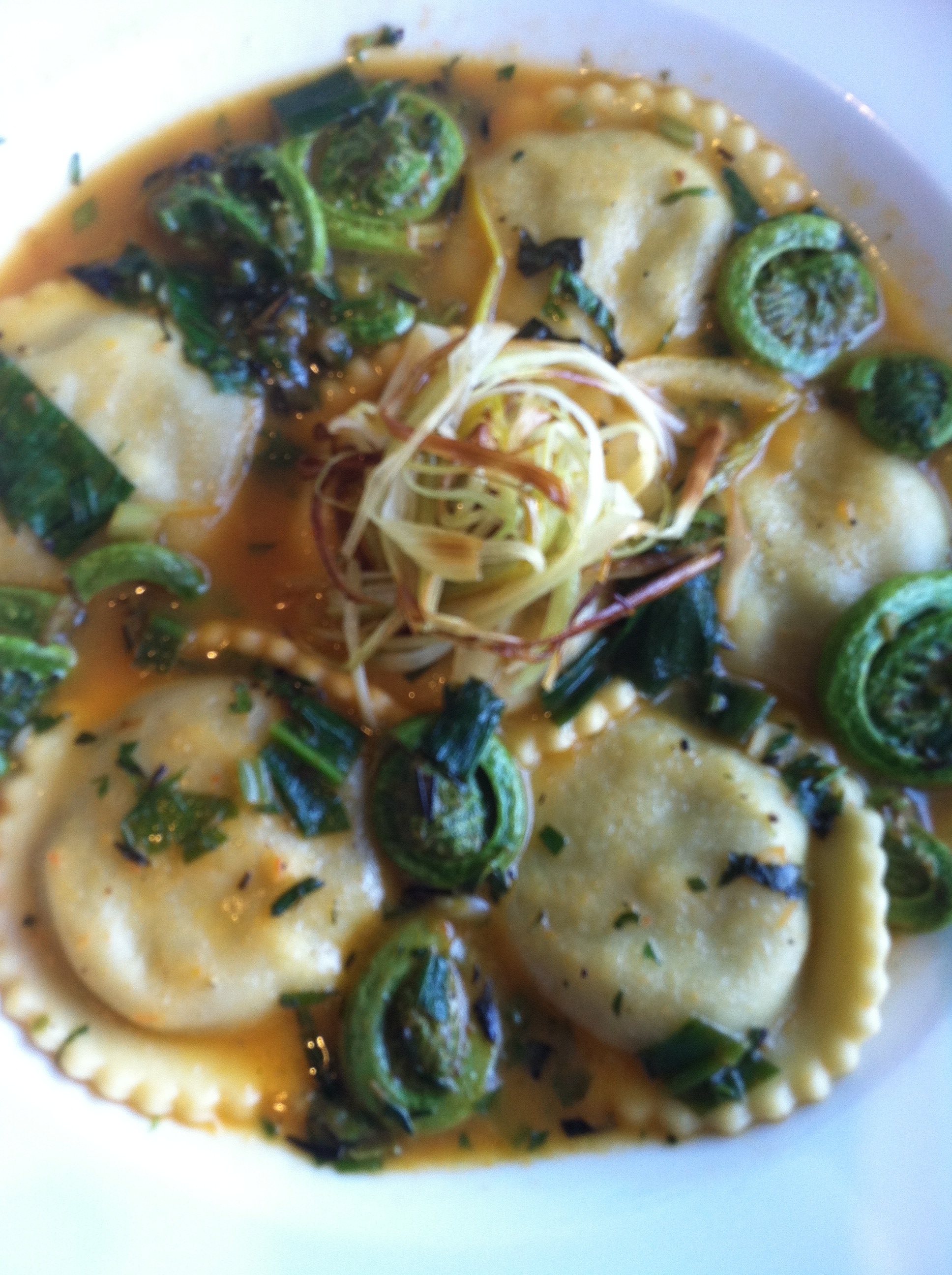 Wild Mushroom Ravioli with Fiddleheads and Ramps